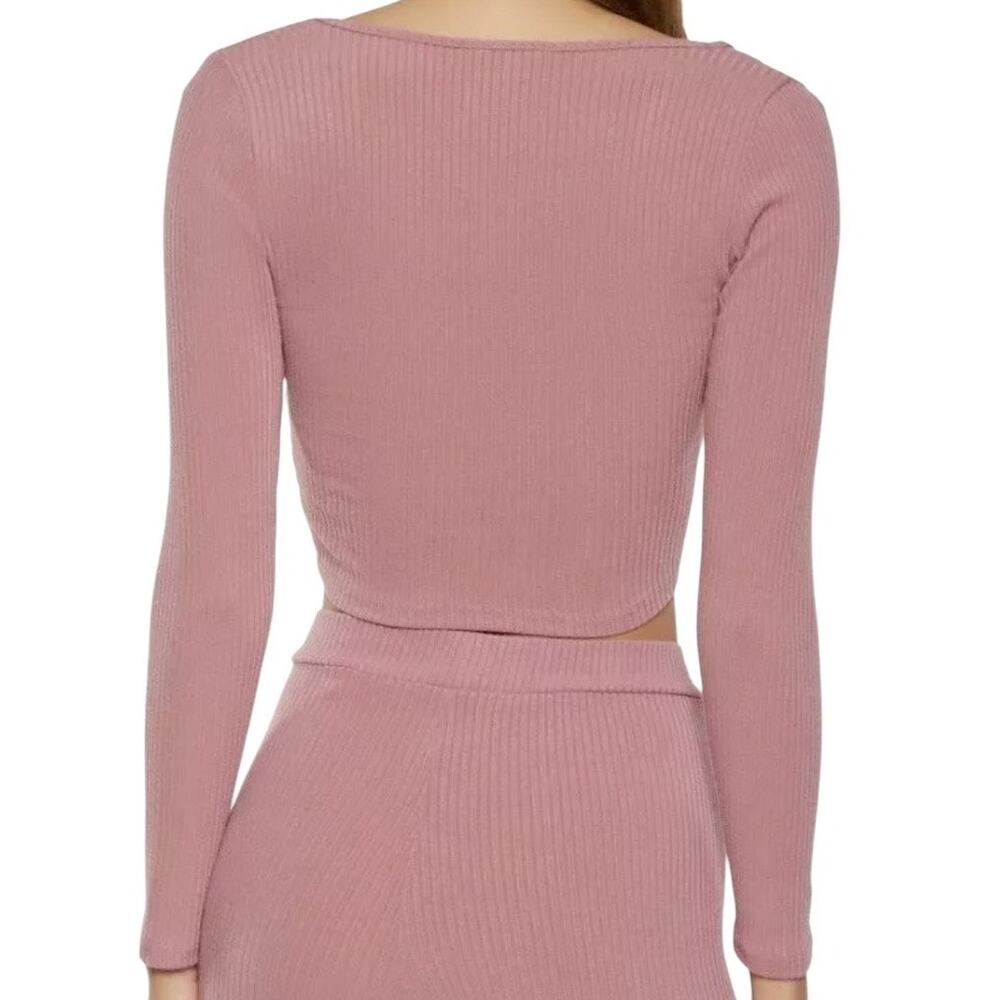 NWT ~ ROMWE Pink Ribbed Front Tie Cropped Long Sleeve Top ~ Women's Size LARGE - Picture 3 of 8